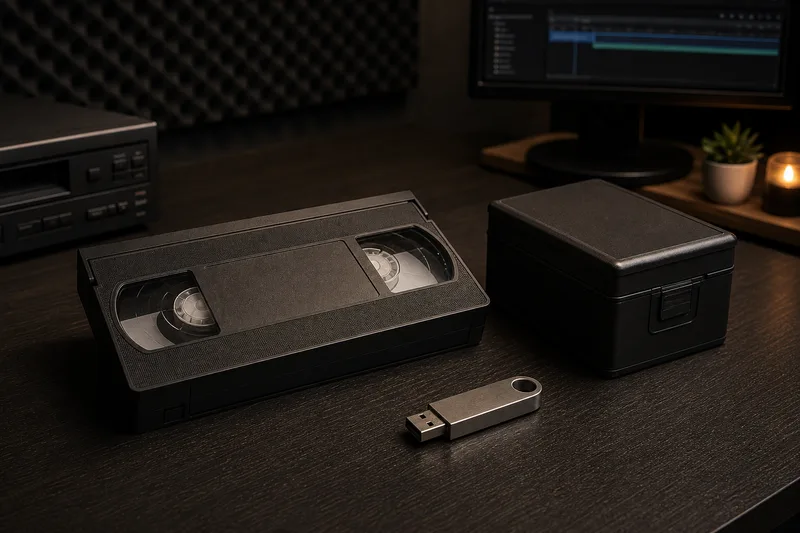 VHS kaseta in USB ključek na studijski mizi